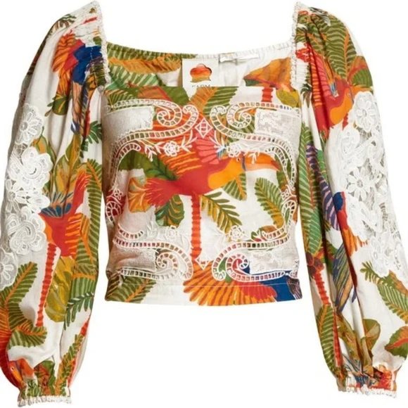 FARM Rio Tops - NEW Farm Rio Forest Birds Smocked Embroidered Blouse size M #833